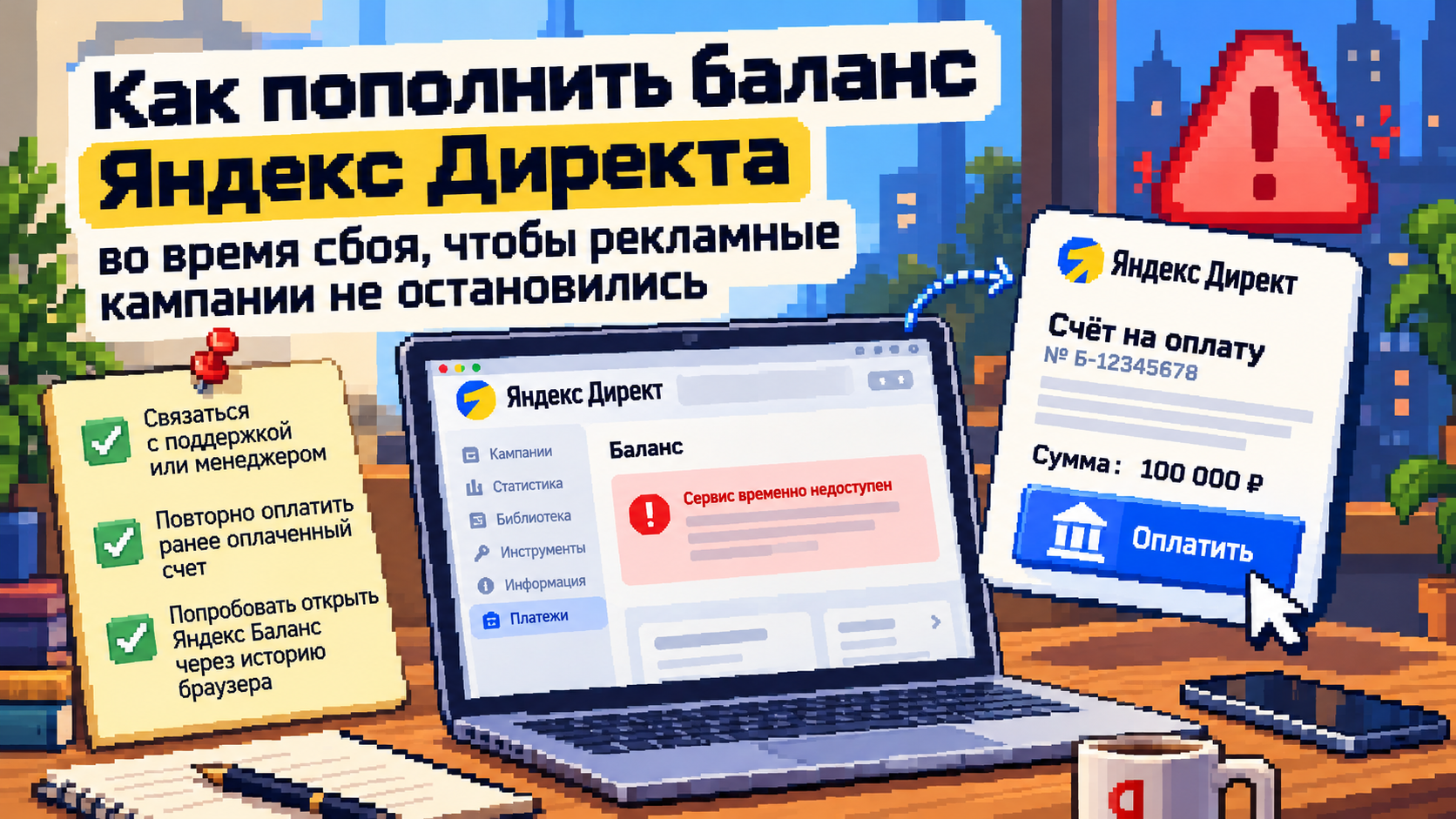 Иллюстрация о пополнении баланса Яндекс Директа во время сбоя.
